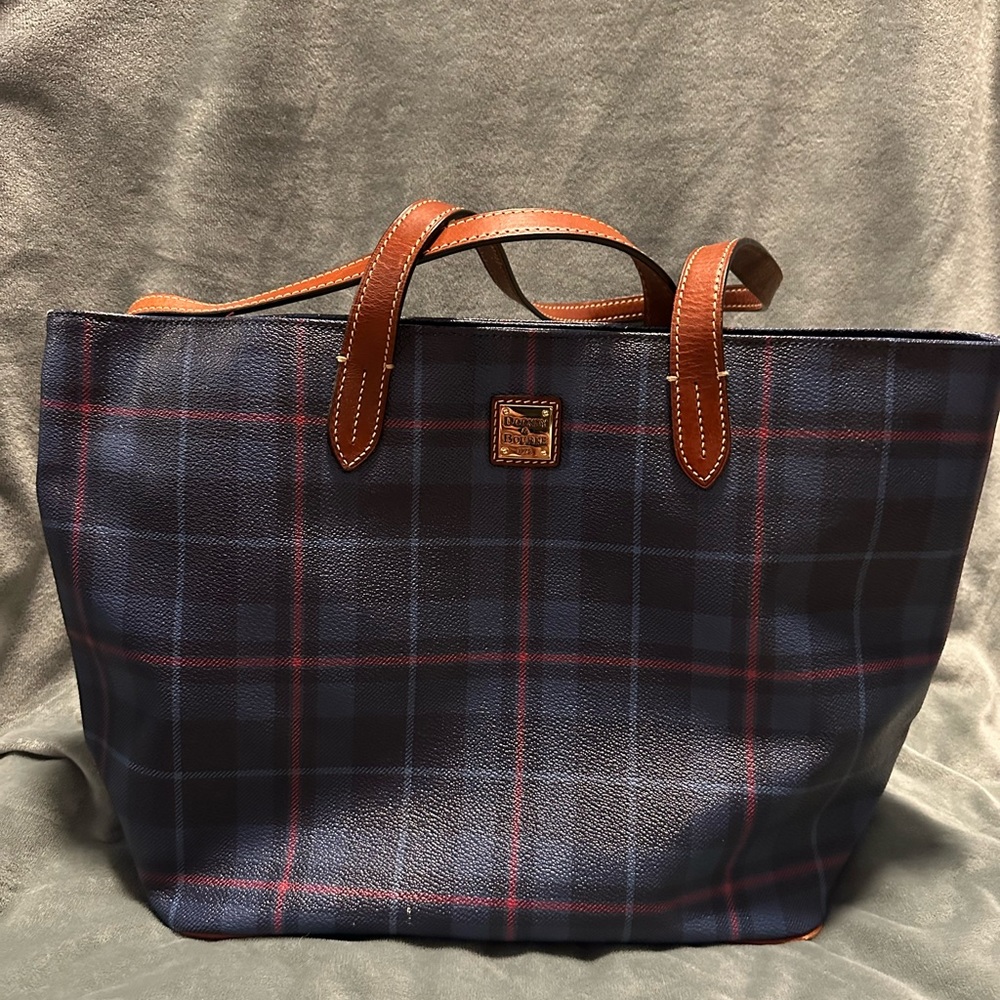 Dooney Bourke Tote, navy blue plaid, used good condition